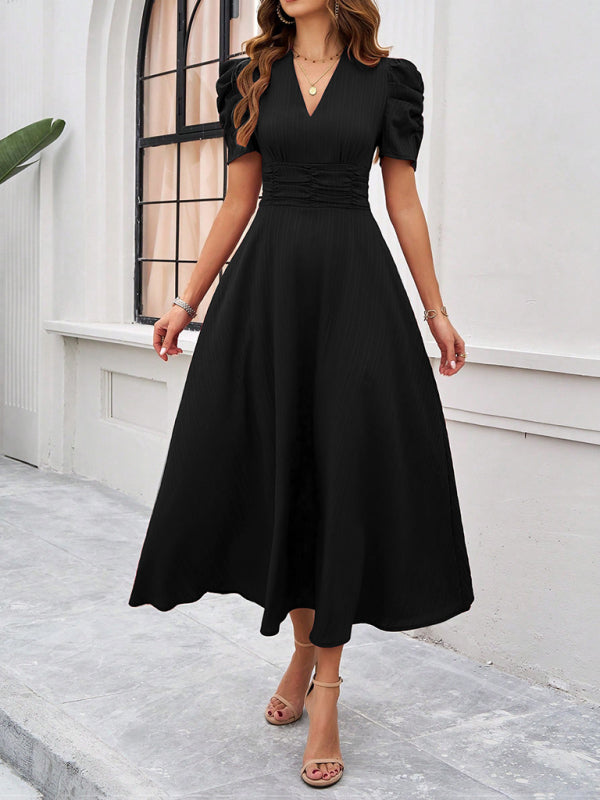 Cocktail Dresses- Women Elegant V-Neck Midi Dress with Puff Sleeves- Black- Chuzko Women Clothing