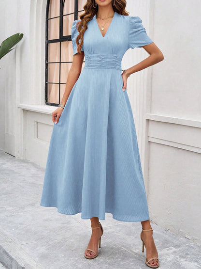 Cocktail Dresses- Women Elegant V-Neck Midi Dress with Puff Sleeves- Clear blue- Chuzko Women Clothing