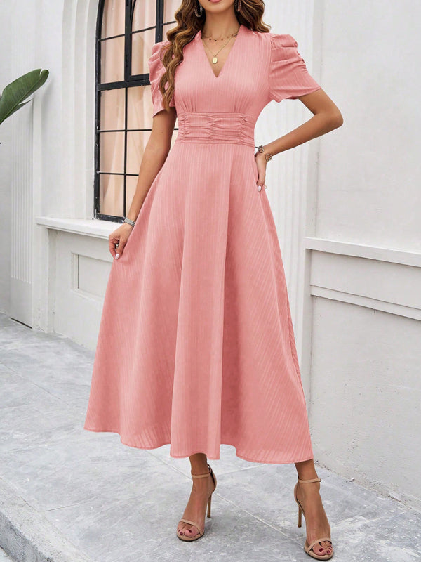 Cocktail Dresses- Women Elegant V-Neck Midi Dress with Puff Sleeves- - Chuzko Women Clothing