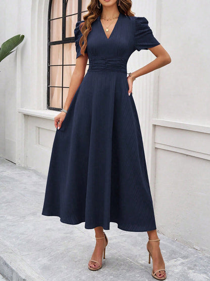 Cocktail Dresses- Women Elegant V-Neck Midi Dress with Puff Sleeves- Purplish blue navy- Chuzko Women Clothing