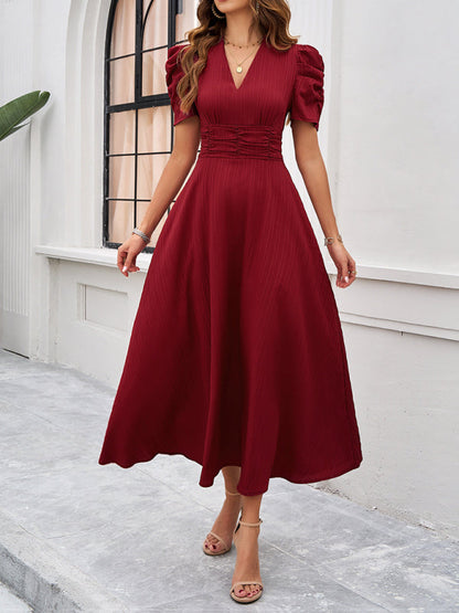 Cocktail Dresses- Women Elegant V-Neck Midi Dress with Puff Sleeves- Red- Chuzko Women Clothing