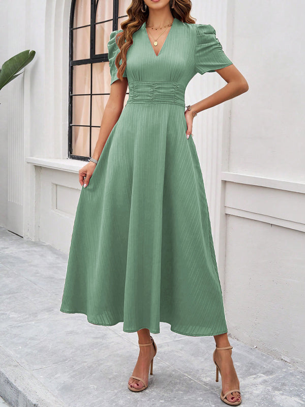 Cocktail Dresses- Women Elegant V-Neck Midi Dress with Puff Sleeves- - Chuzko Women Clothing