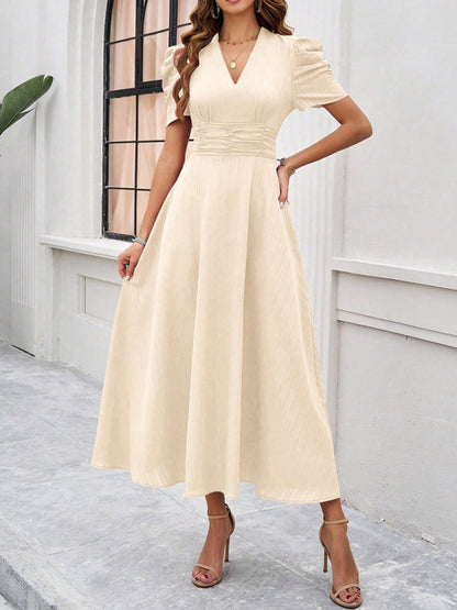 Cocktail Dresses- Women Elegant V-Neck Midi Dress with Puff Sleeves- Cracker khaki- Chuzko Women Clothing