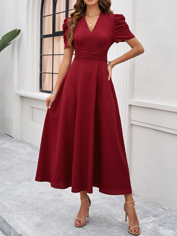 Cocktail Dresses- Women Elegant V-Neck Midi Dress with Puff Sleeves- - Chuzko Women Clothing