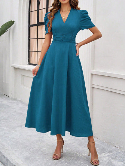 Cocktail Dresses- Women Elegant V-Neck Midi Dress with Puff Sleeves- - Chuzko Women Clothing