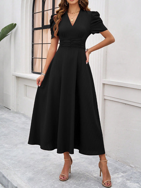 Cocktail Dresses- Women Elegant V-Neck Midi Dress with Puff Sleeves- - Chuzko Women Clothing