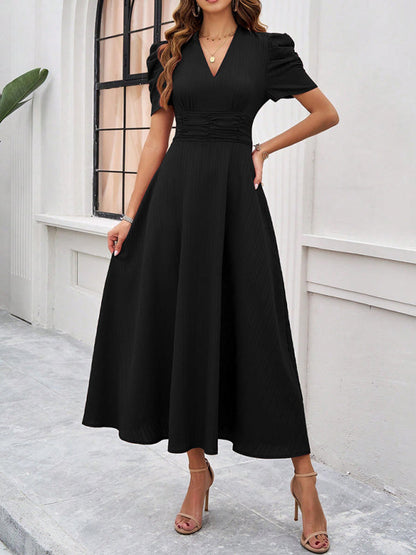 Cocktail Dresses- Women Elegant V-Neck Midi Dress with Puff Sleeves- - Chuzko Women Clothing