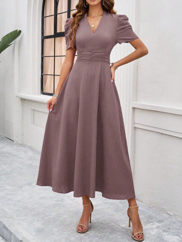 Cocktail Dresses- Women Elegant V-Neck Midi Dress with Puff Sleeves- Brown- Chuzko Women Clothing