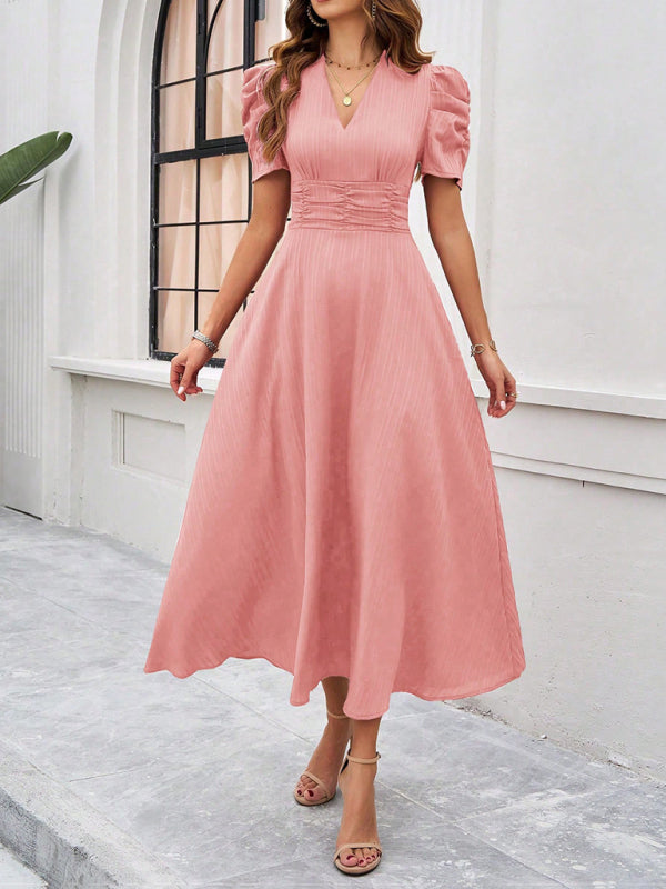 Cocktail Dresses- Women Elegant V-Neck Midi Dress with Puff Sleeves- Pink- Chuzko Women Clothing