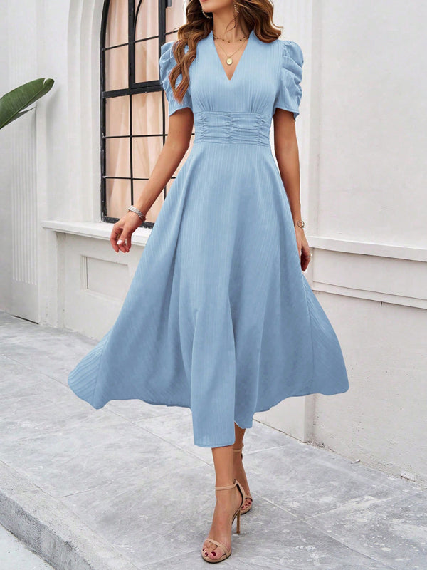 Cocktail Dresses- Women Elegant V-Neck Midi Dress with Puff Sleeves- - Chuzko Women Clothing