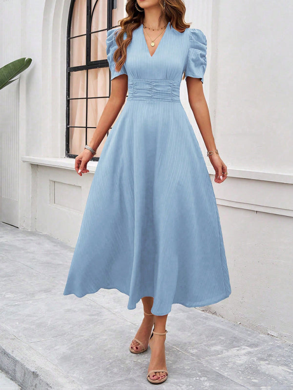 Cocktail Dresses- Women Elegant V-Neck Midi Dress with Puff Sleeves- - Chuzko Women Clothing