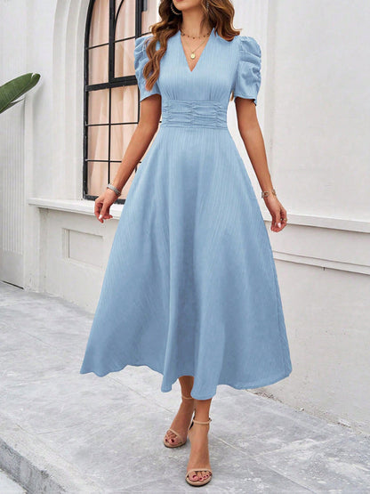 Cocktail Dresses- Women Elegant V-Neck Midi Dress with Puff Sleeves- - Chuzko Women Clothing