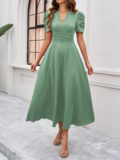 Cocktail Dresses- Women Elegant V-Neck Midi Dress with Puff Sleeves- - Chuzko Women Clothing