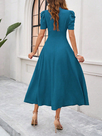 Cocktail Dresses- Women Elegant V-Neck Midi Dress with Puff Sleeves- - Chuzko Women Clothing