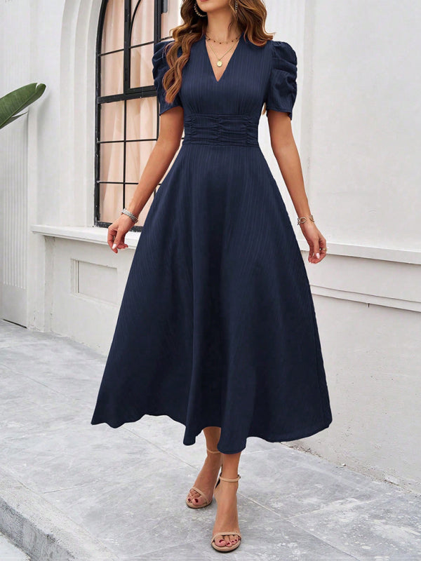 Cocktail Dresses- Women Elegant V-Neck Midi Dress with Puff Sleeves- - Chuzko Women Clothing