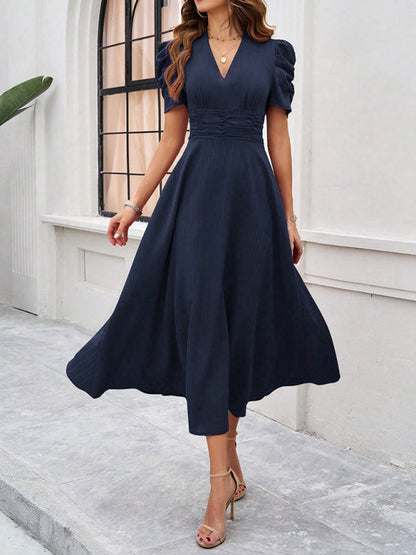 Cocktail Dresses- Women Elegant V-Neck Midi Dress with Puff Sleeves- - Chuzko Women Clothing