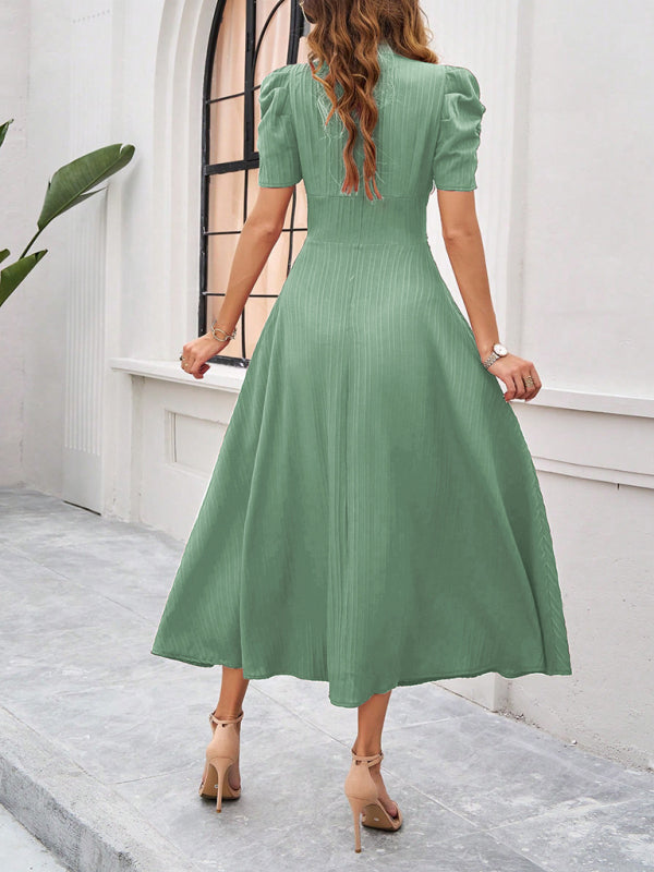 Cocktail Dresses- Women Elegant V-Neck Midi Dress with Puff Sleeves- - Chuzko Women Clothing