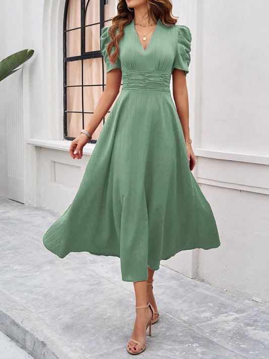 Cocktail Dresses- Women Elegant V-Neck Midi Dress with Puff Sleeves- Pale green- Chuzko Women Clothing
