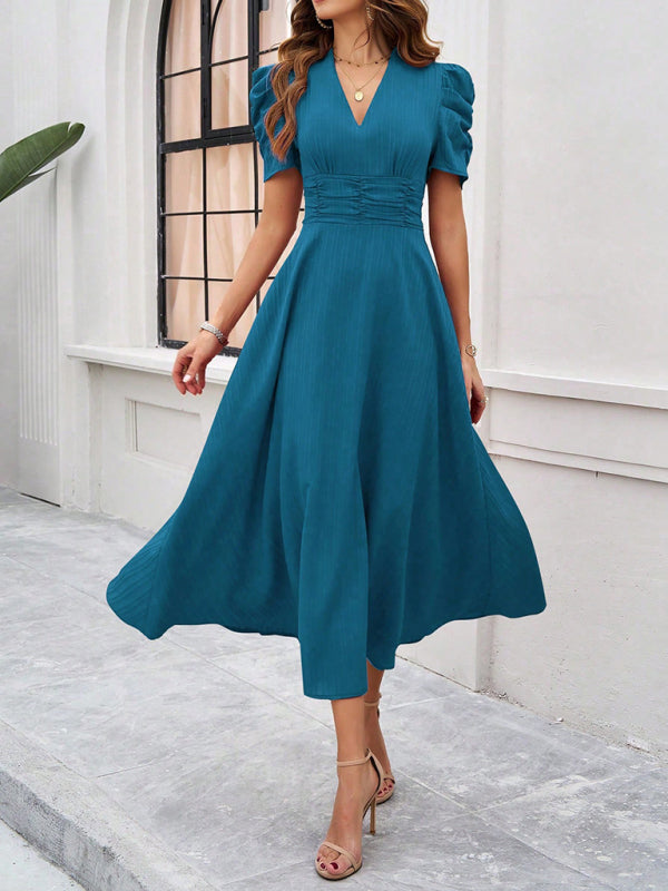 Cocktail Dresses- Women Elegant V-Neck Midi Dress with Puff Sleeves- Acid blue- Chuzko Women Clothing