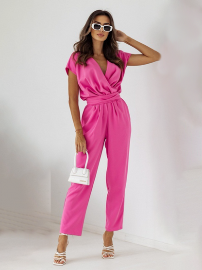 Cocktail Jumpsuits- Business Pencil Playsuit for Women - Surplice V-Neck Belted Jumpsuit- Rose- Chuzko Women Clothing