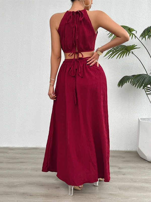 Cocktail Outfit- Elegant Women’s Halter Crop Top & Slit Maxi Skirt Cocktail Outfit- - Pekosa Women Fashion