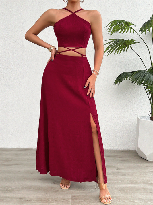 Cocktail Outfit- Elegant Women’s Halter Crop Top & Slit Maxi Skirt Cocktail Outfit- Wine Red- Pekosa Women Fashion