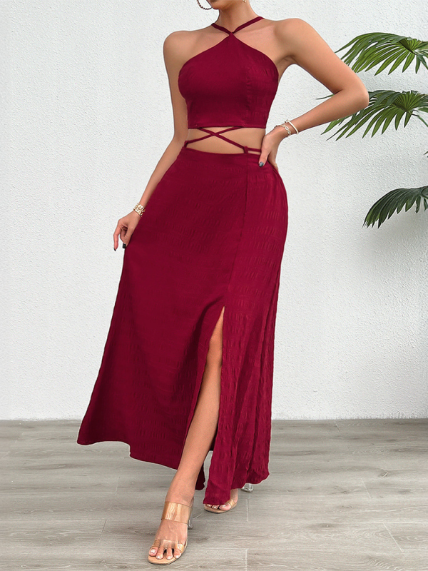 Cocktail Outfit- Elegant Women’s Halter Crop Top & Slit Maxi Skirt Cocktail Outfit- - Pekosa Women Fashion