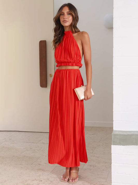 Cocktail Outfits- Plisse Maxi Skirt & Backless Halter Crop Top Outfit for Cocktails- Red- Pekosa Women Fashion
