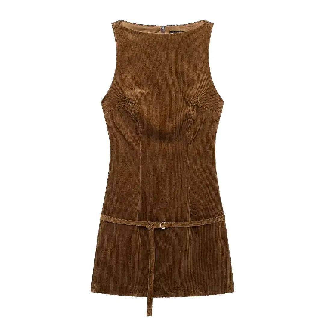 Corduroy Dresses - Fall Corduroy Shift Mini Dress for Social Gatherings