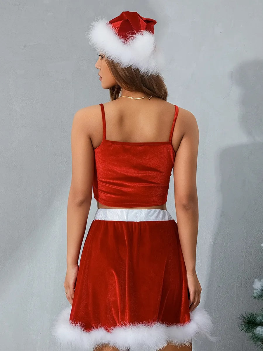 Costumes- Santa Claus Cosplay Christmas Feather Mini Skirt + Cami Top + Hat- - Pekosa Women Clothing