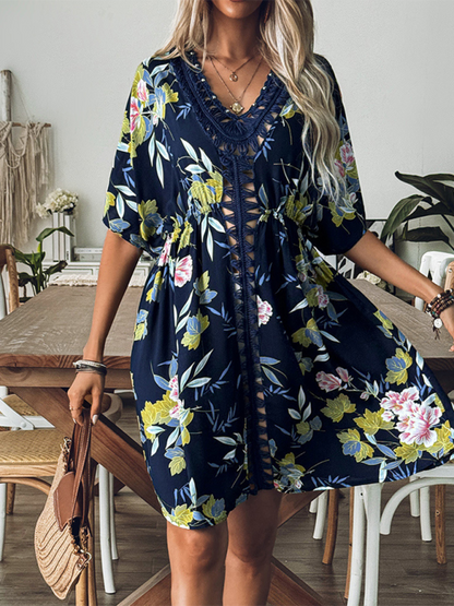 Cover-Up Dresses- Floral Kimono Sleeve Beach Cover-Up Dress- - Chuzko Women Clothing