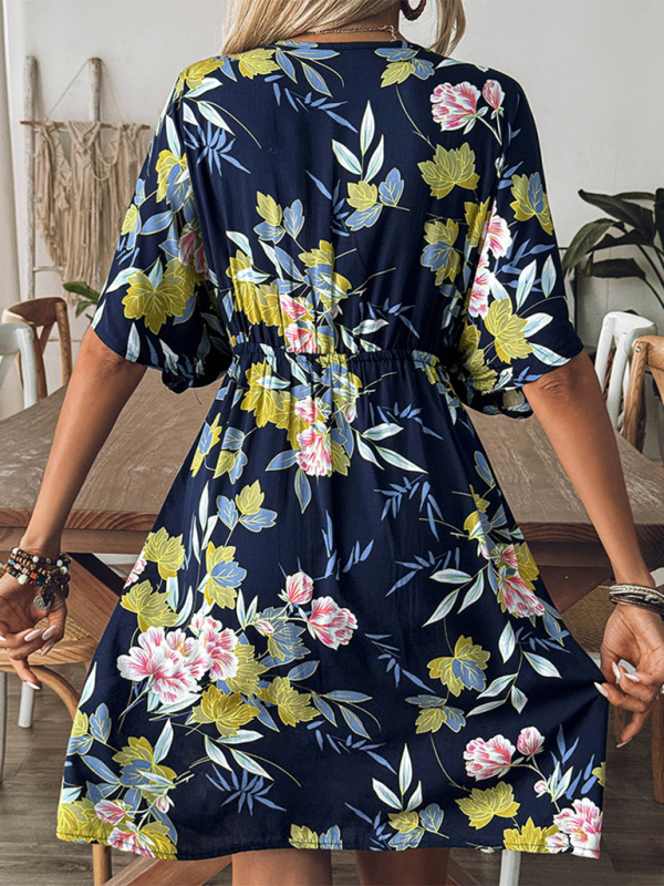 Cover-Up Dresses- Floral Kimono Sleeve Beach Cover-Up Dress- - Chuzko Women Clothing