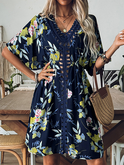 Cover-Up Dresses- Floral Kimono Sleeve Beach Cover-Up Dress- - Chuzko Women Clothing