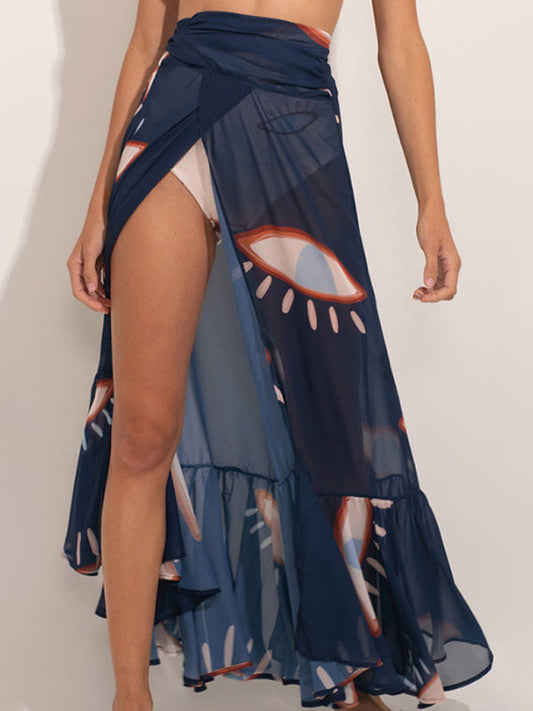 Cover-Ups- Blue Oasis Eye Print Maxi Skirt Cover-Up for Poolside Lounging- Purplish blue navy- Pekosa Women Fashion