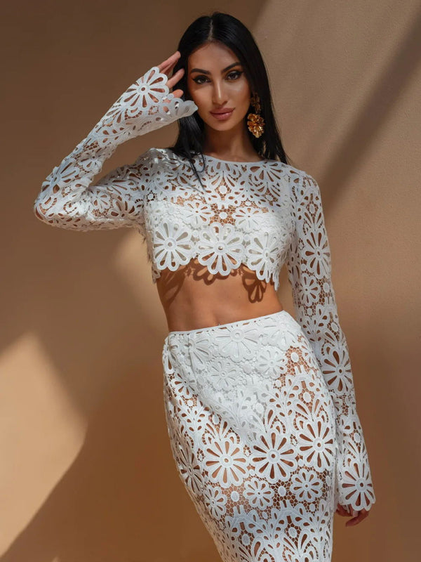 Cover Ups - Elegant Beach Party Lace Floral Crop Top & Skirt