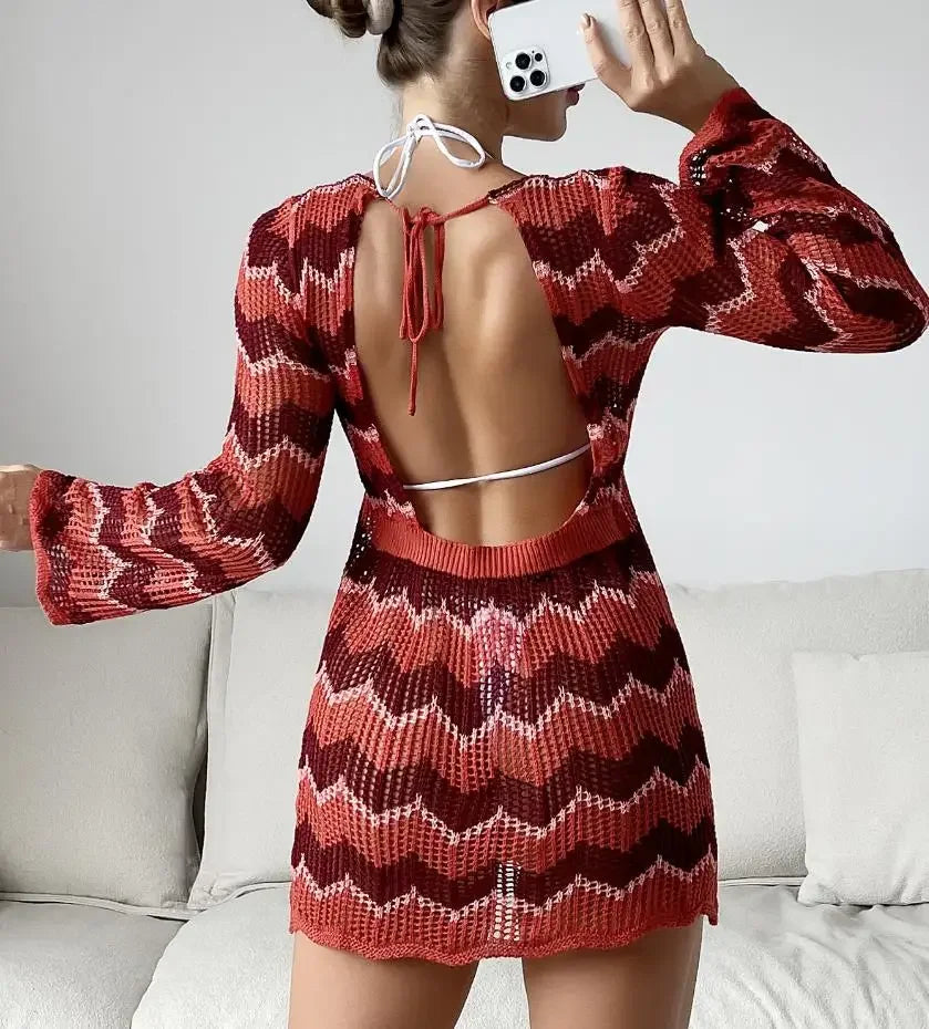 Cover Ups- Striped Crochet Beach Dress - Your Go-To Vacation Cover-Up- Red- Pekosa Women Fashion