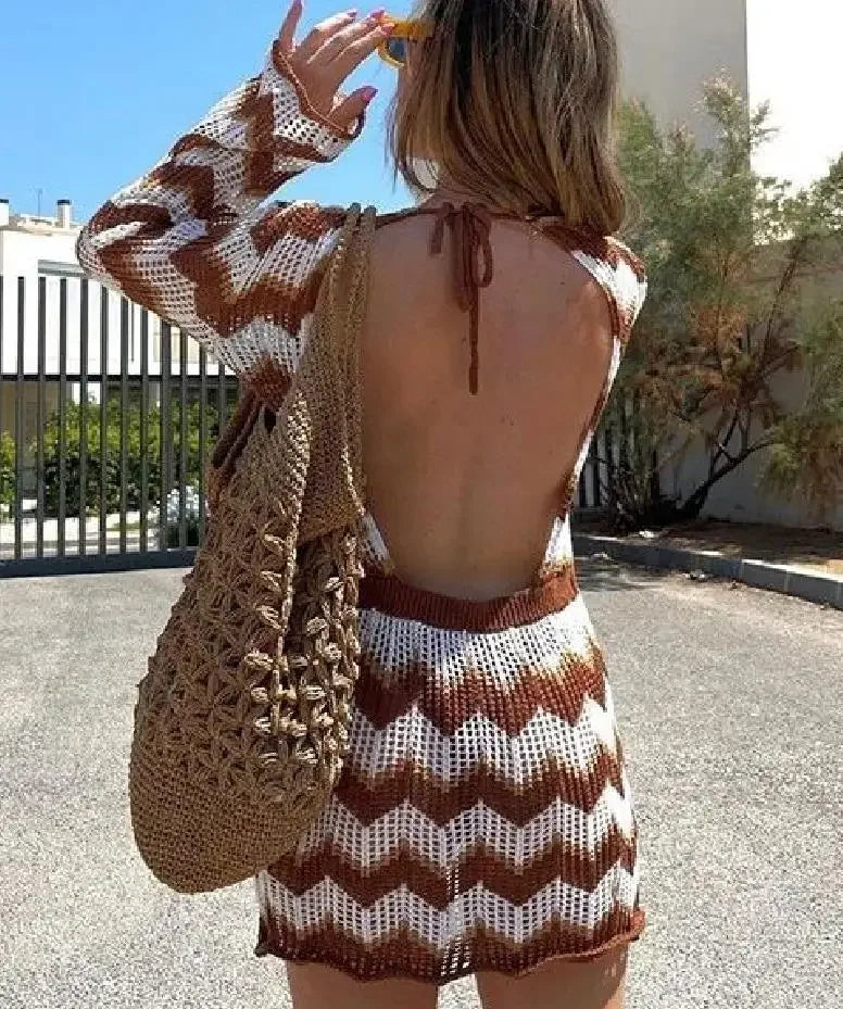 Cover Ups- Striped Crochet Beach Dress - Your Go-To Vacation Cover-Up- - Pekosa Women Fashion