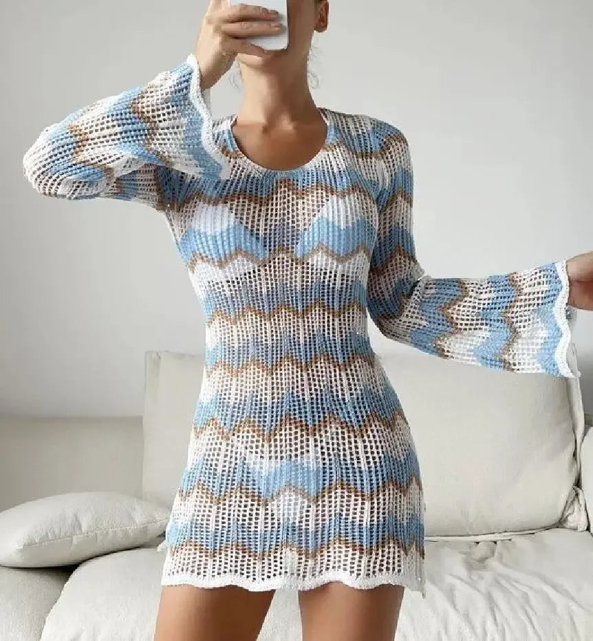 Cover Ups- Striped Crochet Beach Dress - Your Go-To Vacation Cover-Up- - Pekosa Women Fashion