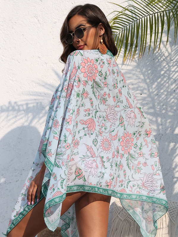 Cover Ups- Tropical Women's Floral Beach Shawl Cover Up- Green- Pekosa Women Fashion