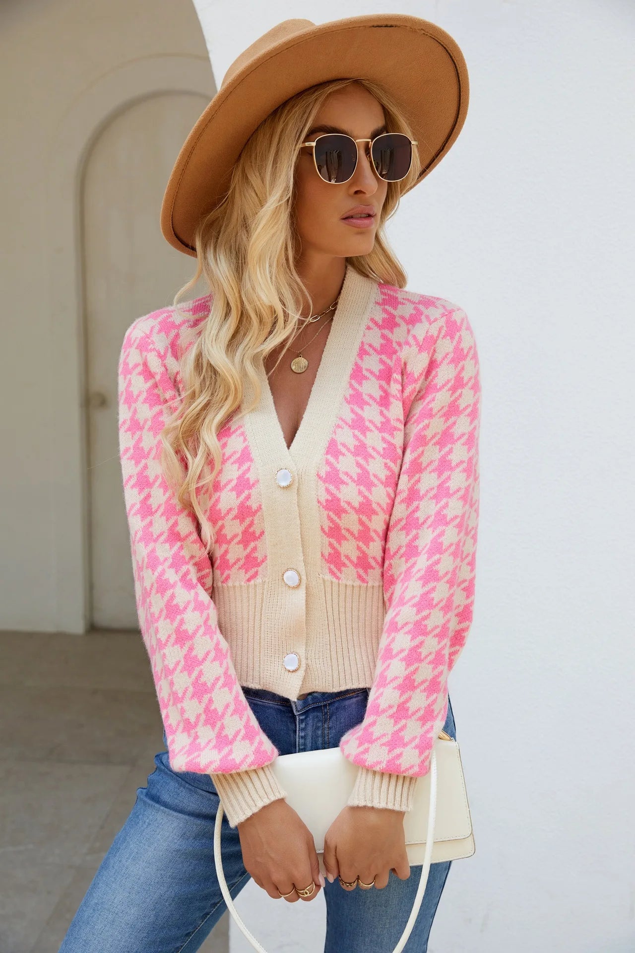 Crop Cardigans - Houndstooth Cropped Sweater Beige Patterned Cardigan