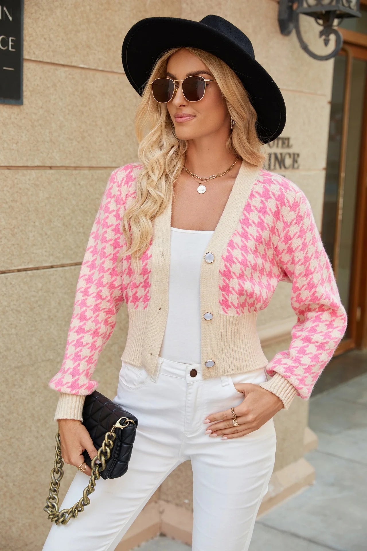 Crop Cardigans - Houndstooth Cropped Sweater Beige Patterned Cardigan