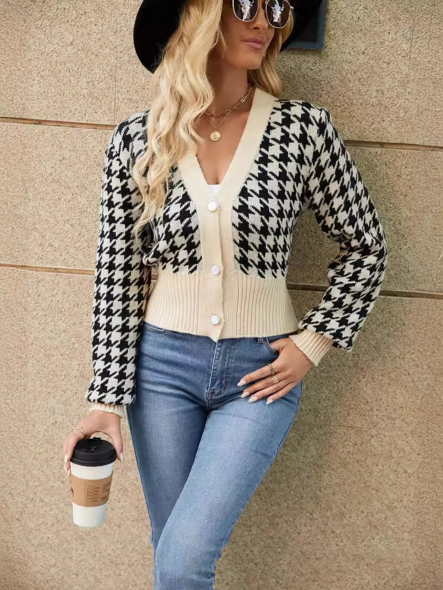 Crop Cardigans - Houndstooth Cropped Sweater Beige Patterned Cardigan