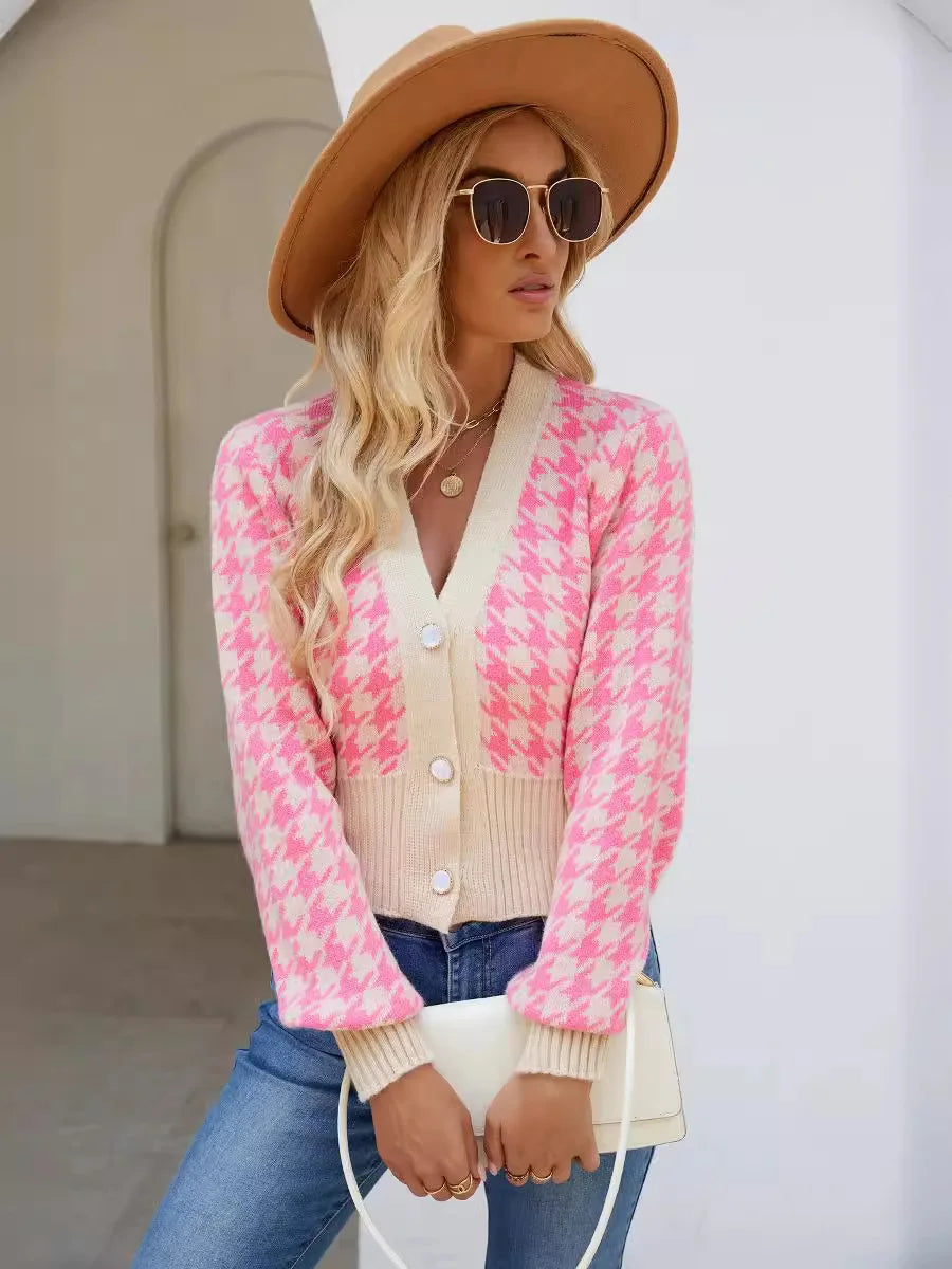 Crop Cardigans - Houndstooth Cropped Sweater Beige Patterned Cardigan