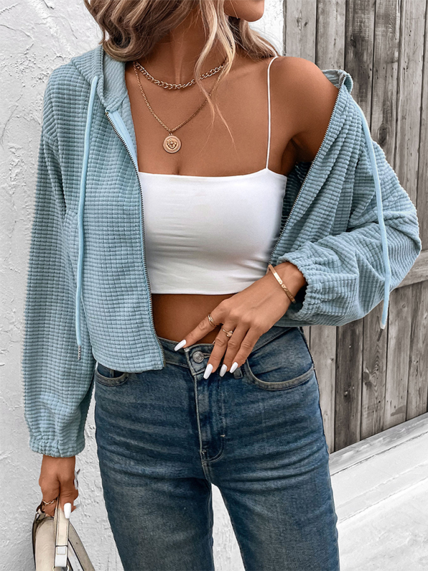 Crop Hoodies - Waffle Blue Cropped Hooded Jacket for Women