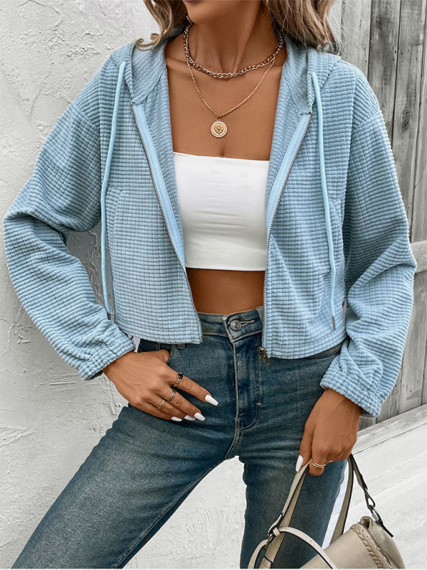 Crop Hoodies - Waffle Blue Cropped Hooded Jacket for Women