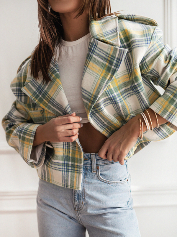 Crop Jackets- Plaid Crop Boxy Jacket with Notch Lapel for Women- Blue- Pekosa Women Fashion