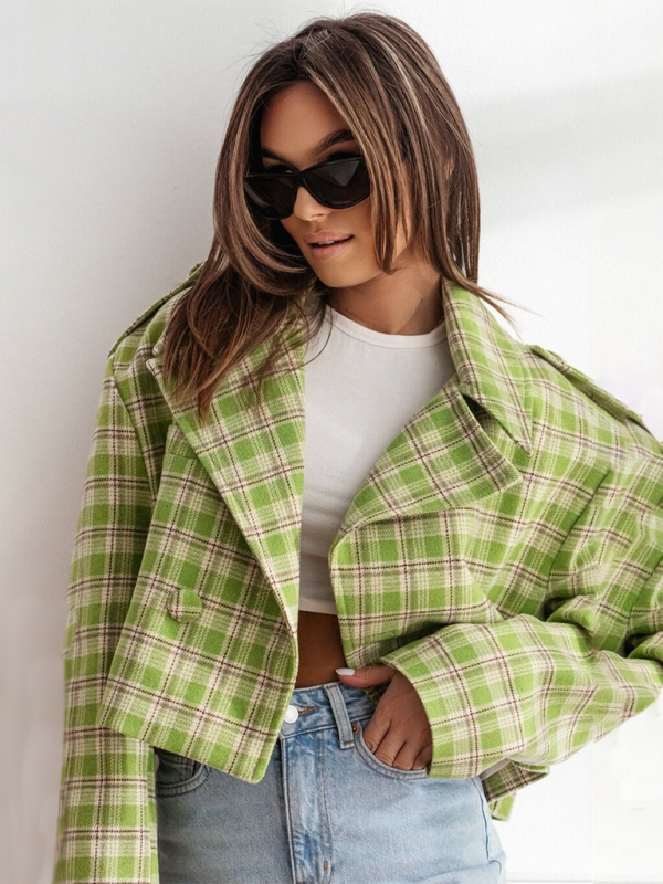 Crop Jackets- Plaid Crop Boxy Jacket with Notch Lapel for Women- - Pekosa Women Fashion