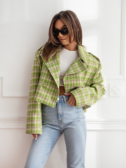 Crop Jackets- Plaid Crop Boxy Jacket with Notch Lapel for Women- - Pekosa Women Fashion