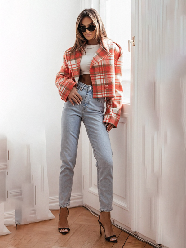 Crop Jackets- Plaid Crop Boxy Jacket with Notch Lapel for Women- - Pekosa Women Fashion