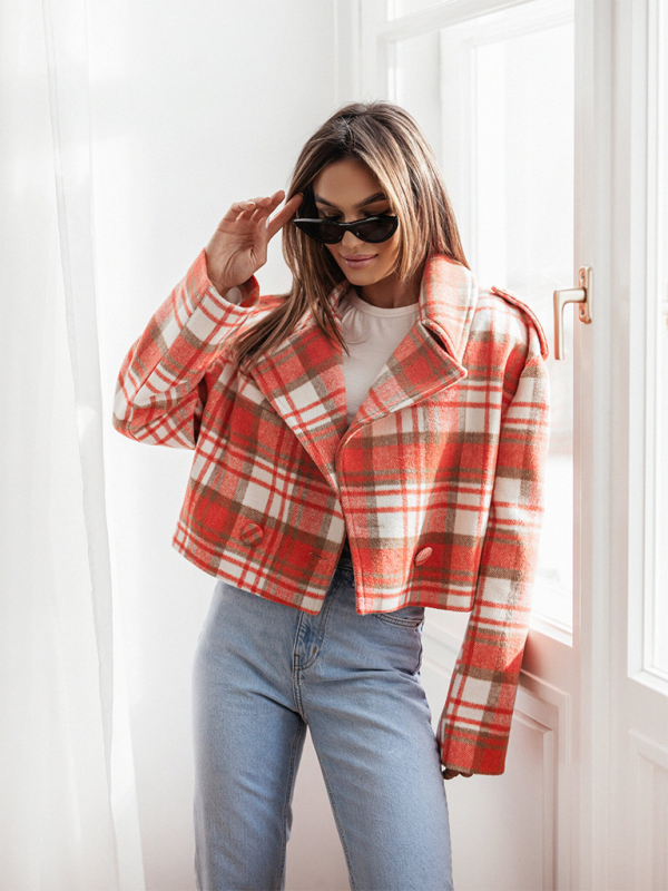 Crop Jackets- Plaid Crop Boxy Jacket with Notch Lapel for Women- - Pekosa Women Fashion